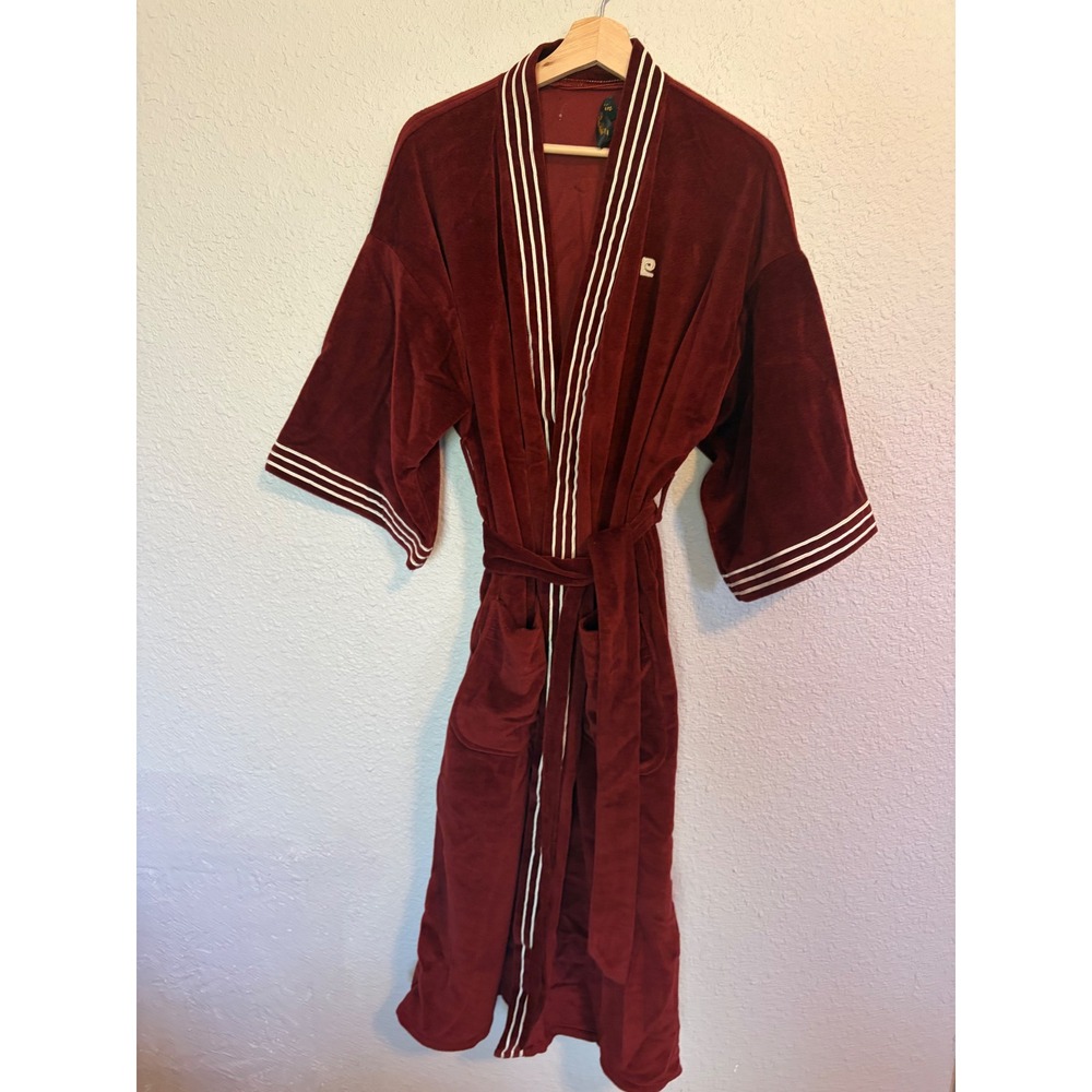 Pierre Cardin Mens Velour Robe Burgundy Striped Trim One Size Vintage 80s 90s